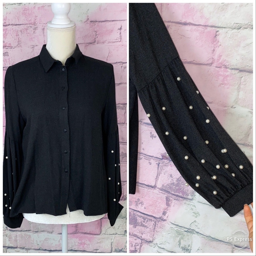 Zara pearl embellished bubble sleeves gray shirt S
